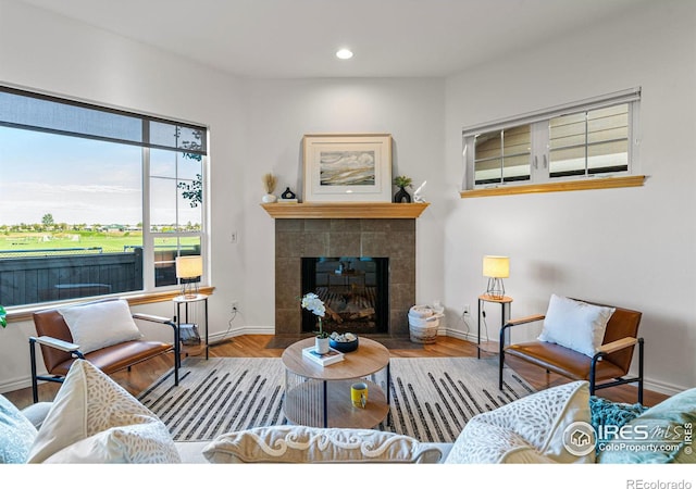 living room featuring a tiled fireplace and light hardwood / wood-style floors