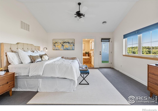 bedroom with connected bathroom, lofted ceiling, ceiling fan, and carpet flooring