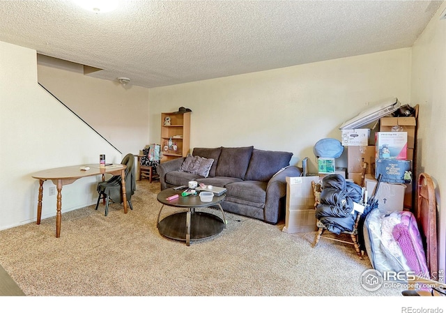 carpeted living room with a textured ceiling