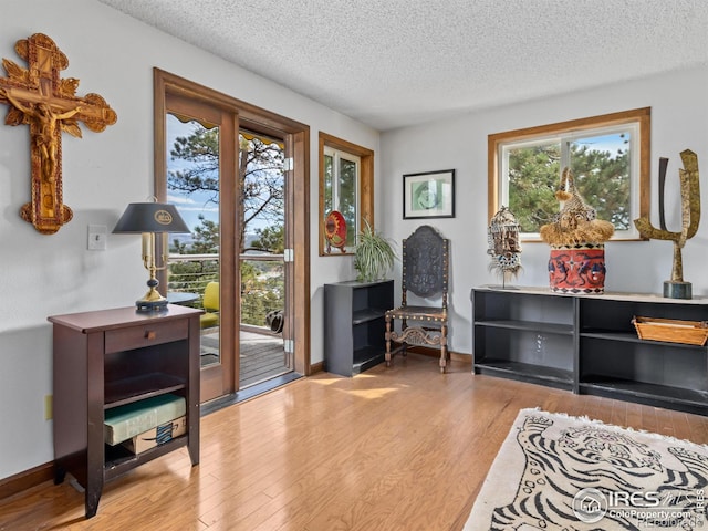 living area with a textured ceiling and light hardwood / wood-style flooring