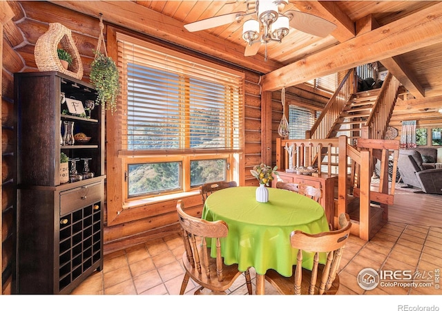 tiled dining room with wooden ceiling, a healthy amount of sunlight, and ceiling fan