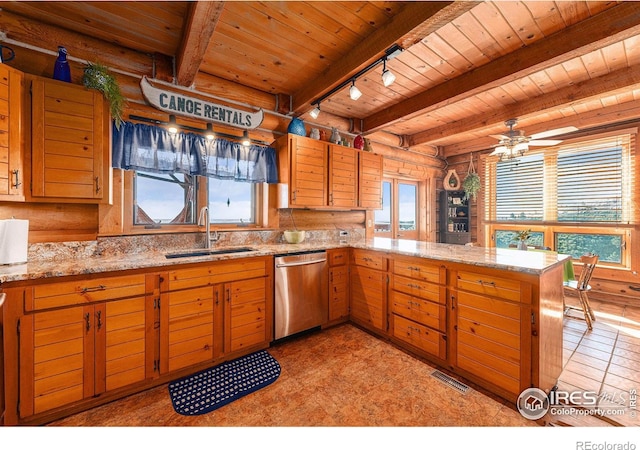 kitchen with sink, beam ceiling, kitchen peninsula, ceiling fan, and stainless steel dishwasher