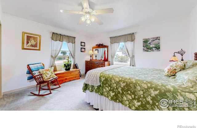 carpeted bedroom featuring multiple windows and ceiling fan