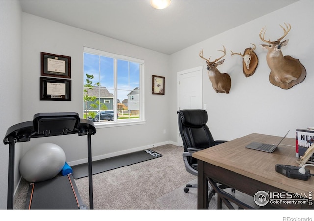 home office featuring baseboards and carpet flooring