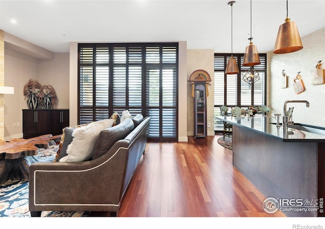 living room with floor to ceiling windows, dark hardwood / wood-style floors, and sink