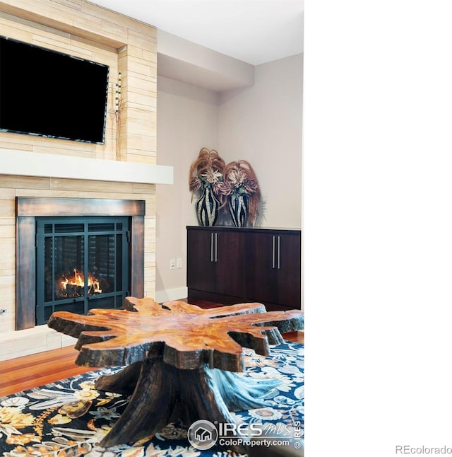 living room featuring a large fireplace and hardwood / wood-style flooring