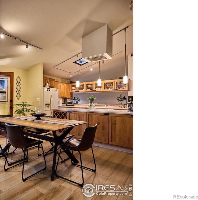 dining area with light hardwood / wood-style floors and track lighting