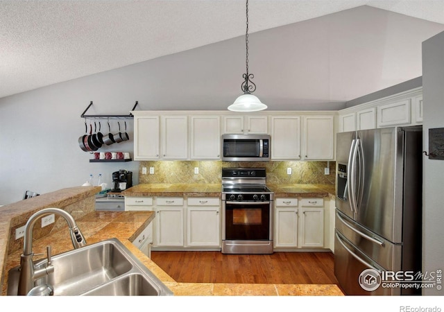 kitchen with appliances with stainless steel finishes, hanging light fixtures, light wood-type flooring, lofted ceiling, and sink