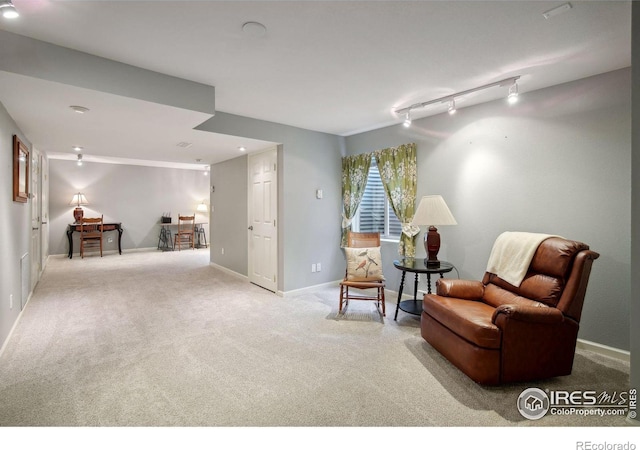 living area featuring rail lighting and light colored carpet