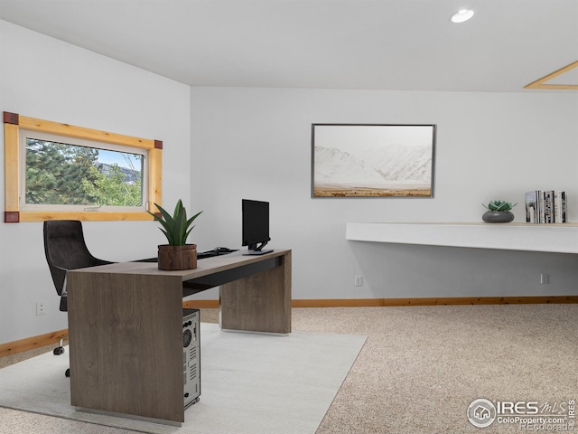 home office with light colored carpet