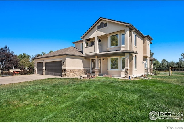 view of front of house featuring driveway, stone siding, an attached garage, fence, and stucco siding