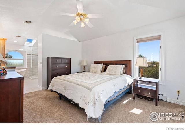 bedroom featuring baseboards, visible vents, carpet, lofted ceiling, and baseboard heating