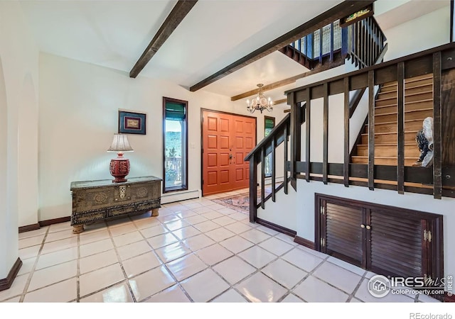 tiled entrance foyer featuring baseboard heating, an inviting chandelier, and beamed ceiling