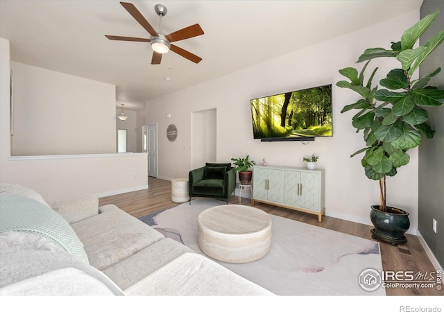 living room with ceiling fan and hardwood / wood-style floors