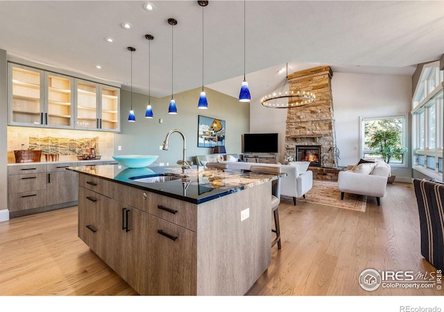 8001 Fairview Rd, Boulder, CO 80303 - kitchen featuring a sink, modern cabinets, a fireplace, light wood-type flooring, and a kitchen island with sink
