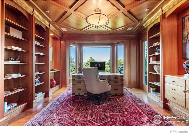 8001 Fairview Rd, Boulder, CO 80303 - office space featuring wood ceiling, wooden walls, built in shelves, ornamental molding, and wood finished floors