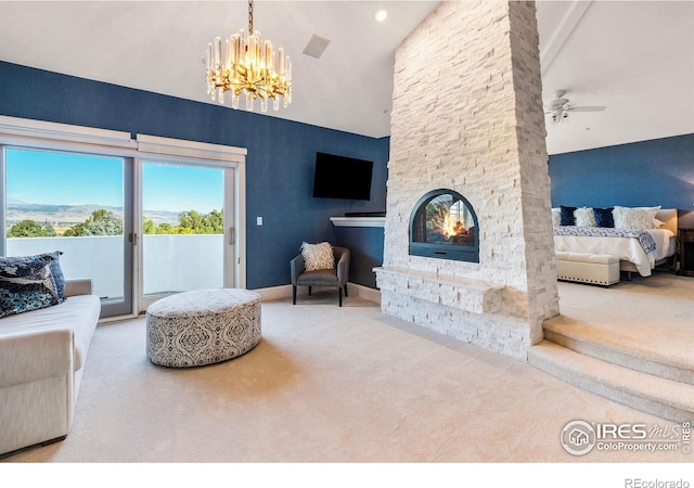 8001 Fairview Rd, Boulder, CO 80303 - carpeted living area with a chandelier, a fireplace, high vaulted ceiling, and ceiling fan