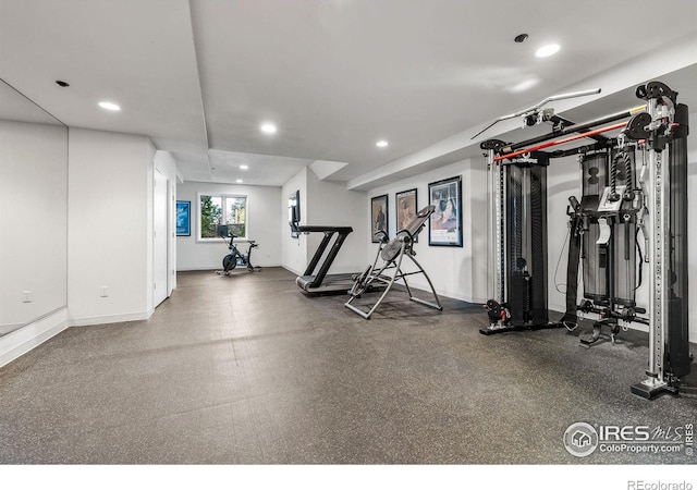 8001 Fairview Rd, Boulder, CO 80303 - workout room featuring recessed lighting and baseboards