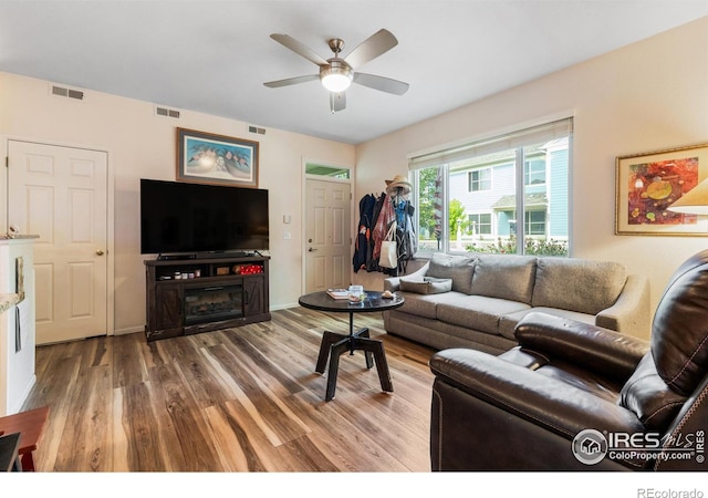 living room with ceiling fan and light wood-type flooring