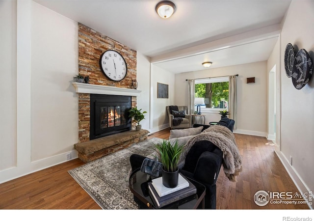 living room with a large fireplace and hardwood / wood-style flooring