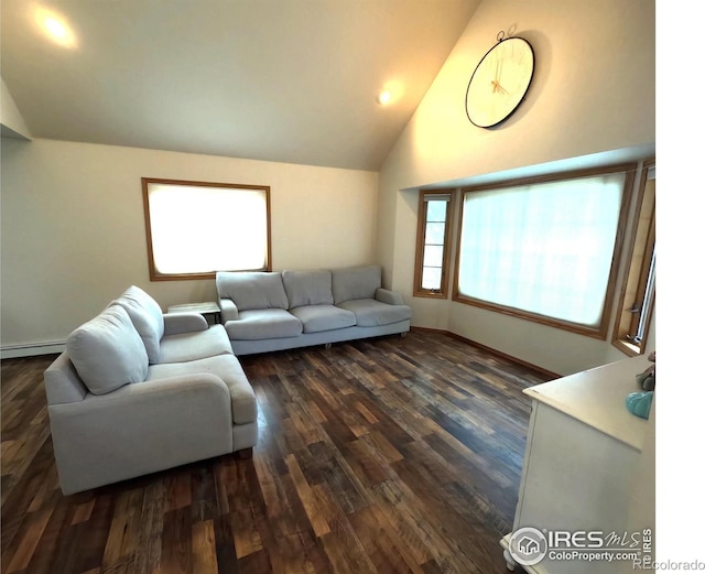 living area with dark wood-style floors, high vaulted ceiling, and baseboard heating