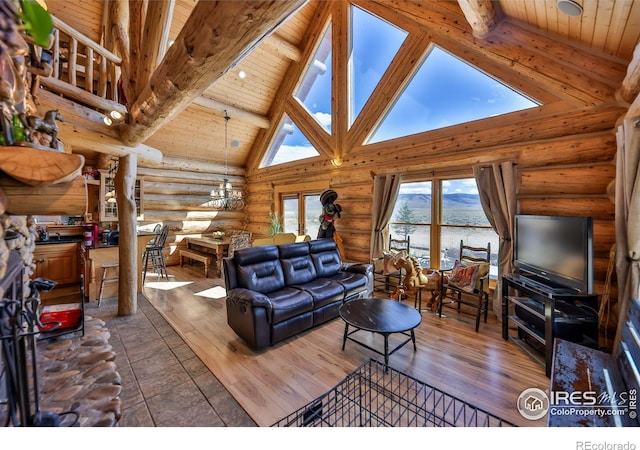 living room with high vaulted ceiling, beamed ceiling, wooden ceiling, and dark wood-type flooring