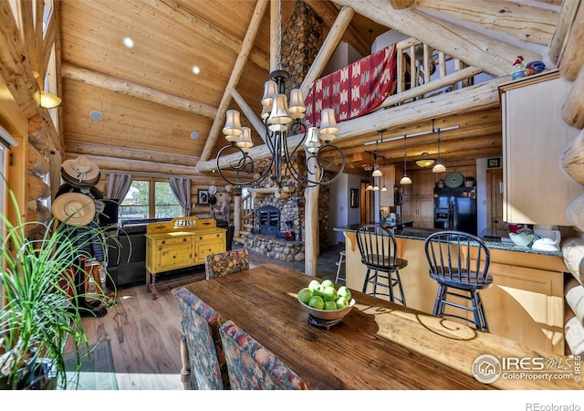 dining area with wood ceiling, dark hardwood / wood-style floors, log walls, a notable chandelier, and beam ceiling