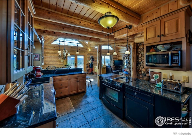 kitchen with electric range, sink, beam ceiling, hanging light fixtures, and dark stone countertops