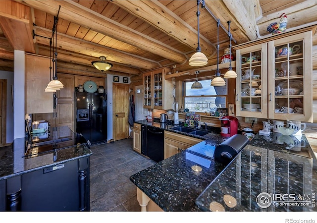 kitchen with hanging light fixtures, beamed ceiling, wooden ceiling, black appliances, and sink