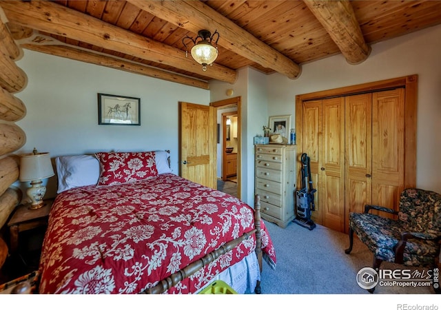 bedroom featuring carpet, wood ceiling, beamed ceiling, and a closet