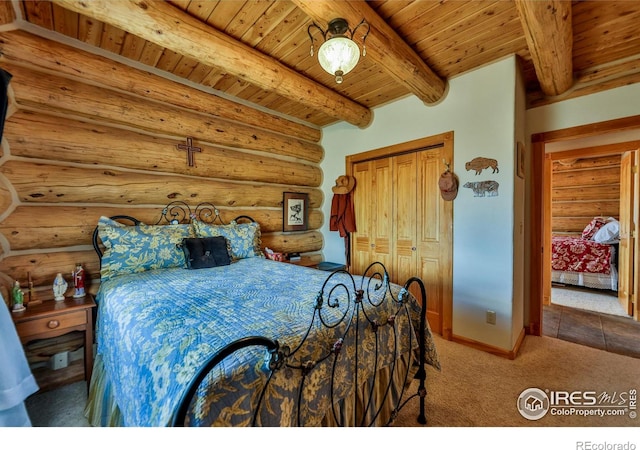 carpeted bedroom featuring wooden ceiling, log walls, beamed ceiling, and a closet