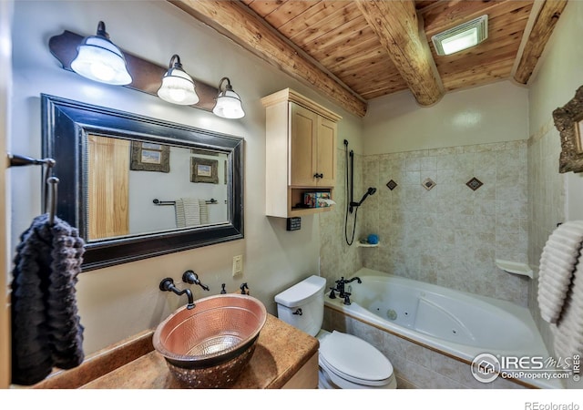 full bathroom with wood ceiling, vanity, toilet, and tiled shower / bath