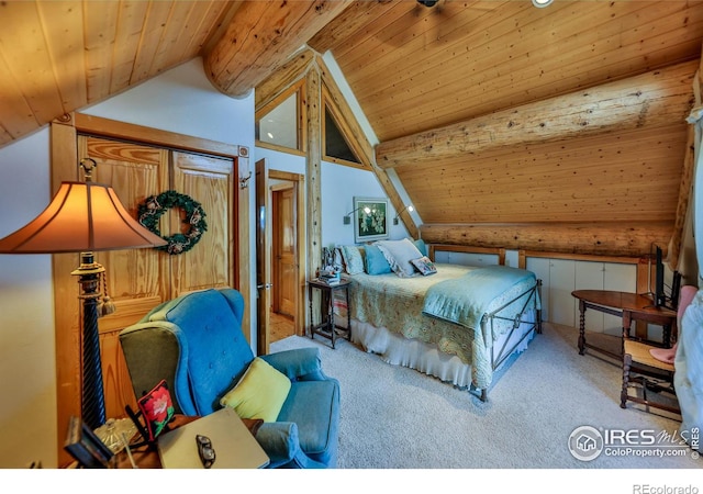 bedroom featuring wood ceiling, vaulted ceiling, and light carpet