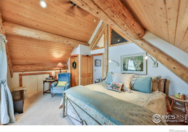 bedroom featuring light colored carpet, wood ceiling, and lofted ceiling