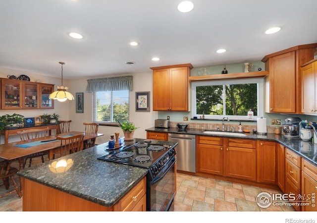 kitchen with stainless steel dishwasher, black electric range oven, sink, and a healthy amount of sunlight