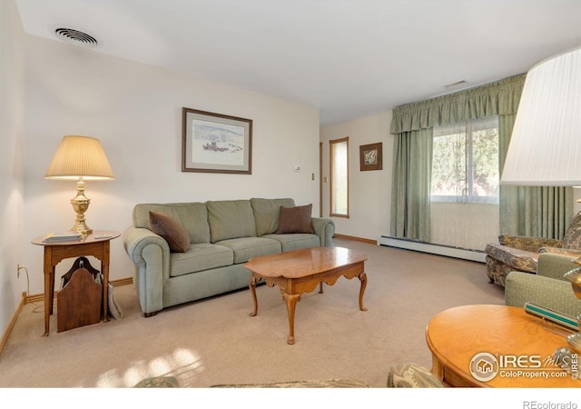 carpeted living room featuring a baseboard heating unit, visible vents, and baseboards