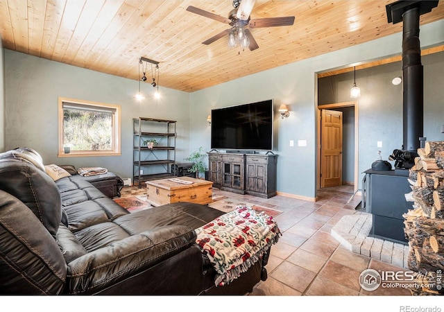 living room with a wood stove, ceiling fan, and wooden ceiling