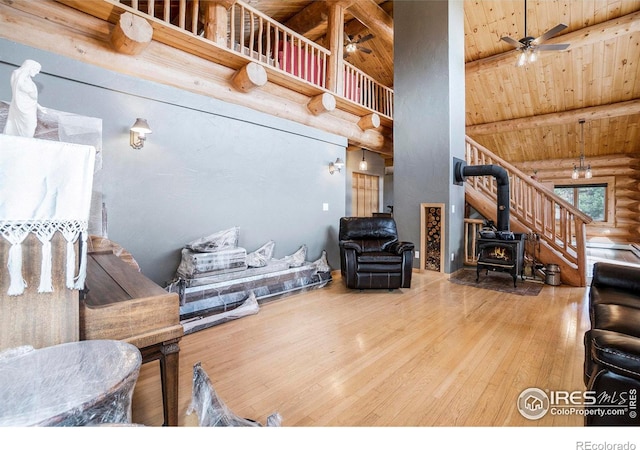 living room with a wood stove, ceiling fan, wooden ceiling, high vaulted ceiling, and wood-type flooring