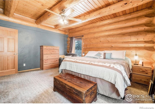 bedroom featuring rustic walls, ceiling fan, and wood ceiling