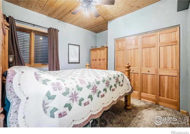 bedroom with carpet floors, a closet, ceiling fan, and wood ceiling