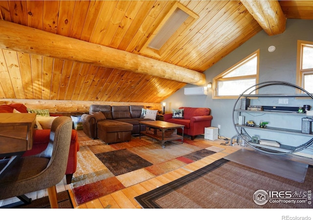 living room featuring hardwood / wood-style floors, lofted ceiling with beams, wooden ceiling, and a wall mounted AC