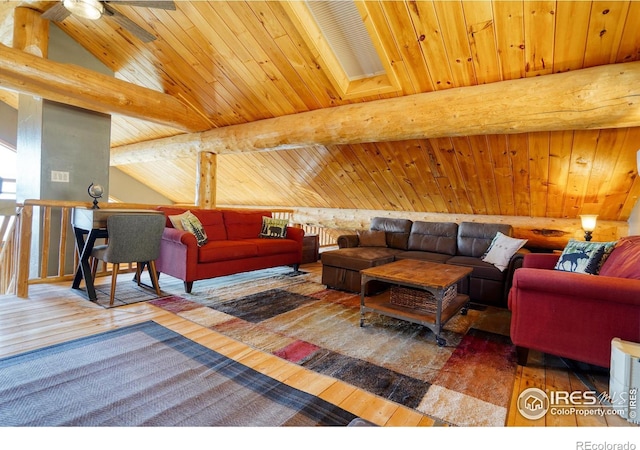 living room featuring hardwood / wood-style flooring, lofted ceiling with skylight, and wood ceiling