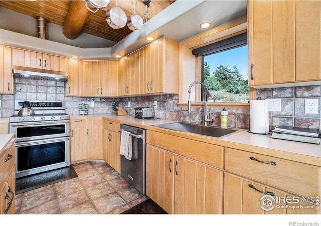 kitchen featuring appliances with stainless steel finishes, backsplash, ventilation hood, sink, and wooden ceiling