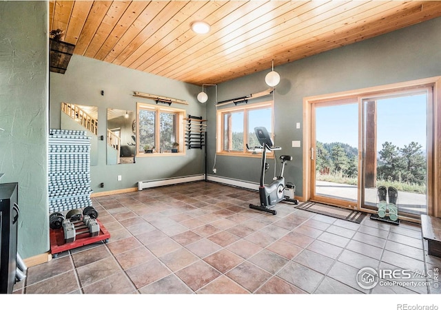 workout area with a baseboard radiator, tile patterned floors, and wooden ceiling