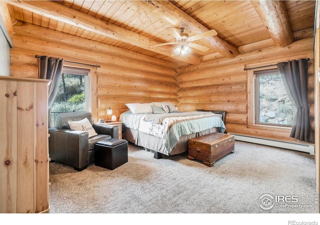 bedroom featuring wooden ceiling, ceiling fan, log walls, a baseboard radiator, and beamed ceiling