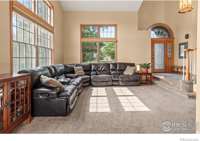 carpeted living room with a high ceiling