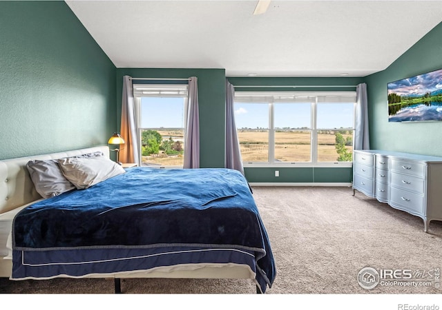 carpeted bedroom with multiple windows and ceiling fan