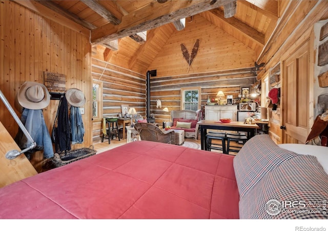 bedroom featuring beamed ceiling, high vaulted ceiling, wooden ceiling, and log walls