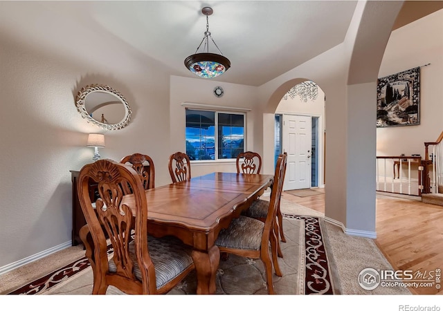 dining area with light colored carpet