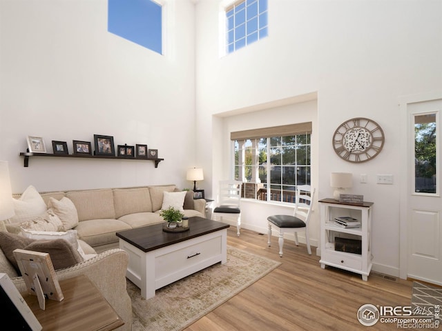 living room featuring wood-type flooring and a towering ceiling